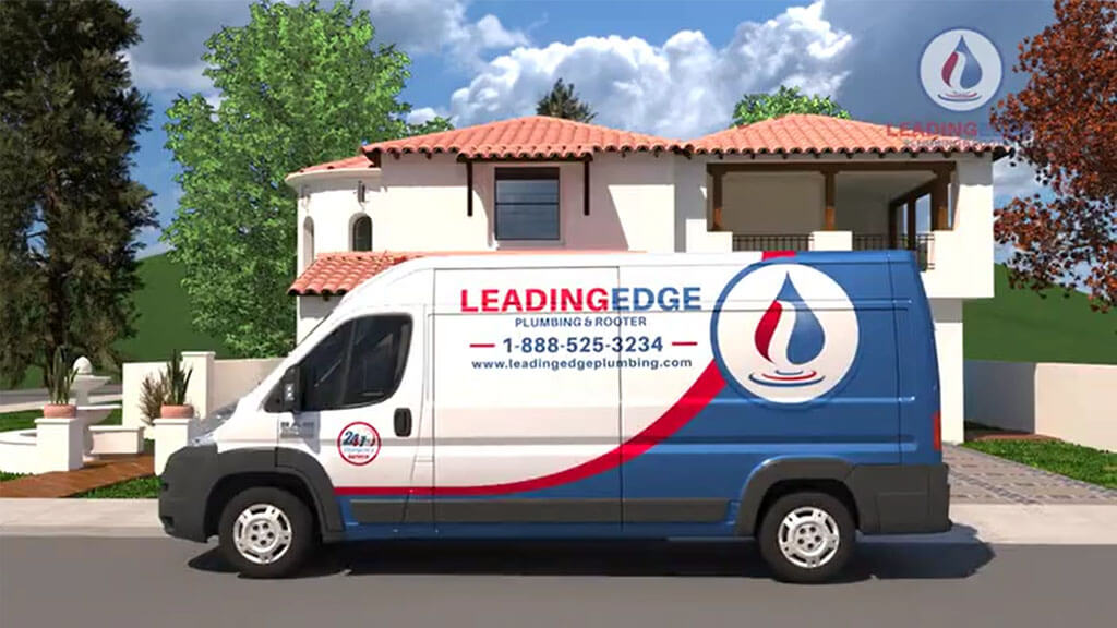 LeadingEdge Plumbing van in front of 2 story home