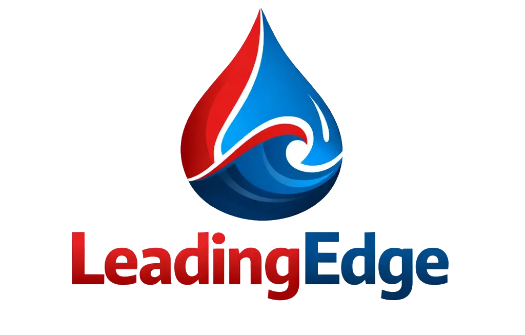 Logo with a red and blue water droplet above the text "LeadingEdge Plumbing & Rooter" in red and blue letters.