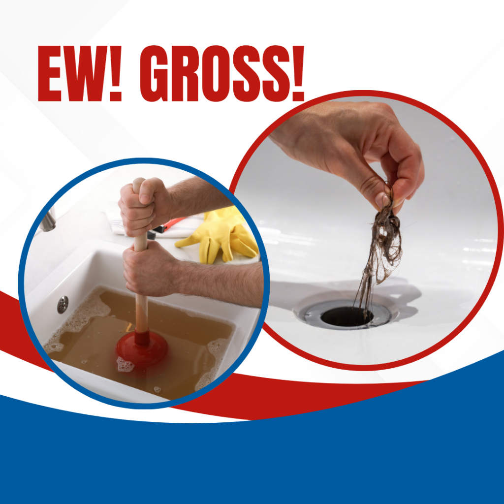 clogged drain and hair in the sink for drain cleaning