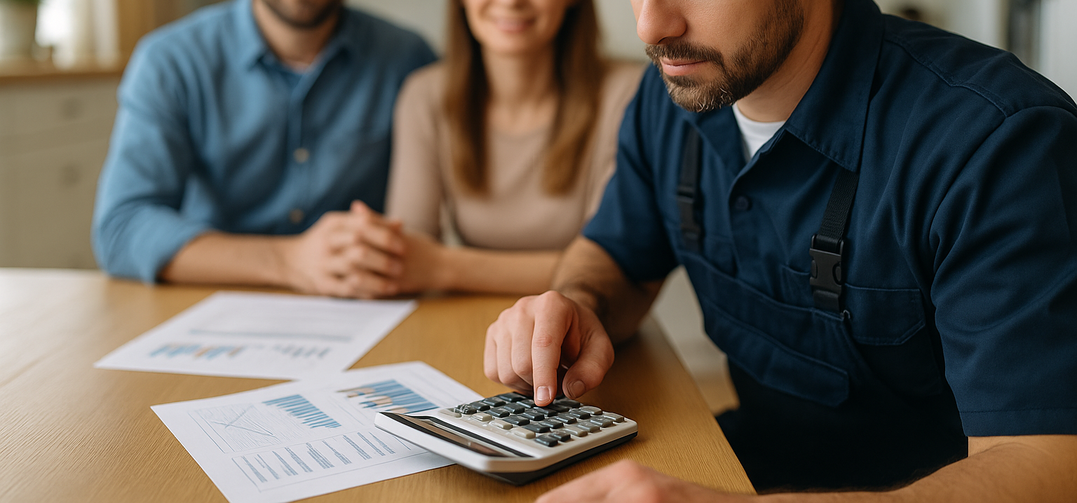 plumber at a kitchen table with a couple working on plumbing financing quote
