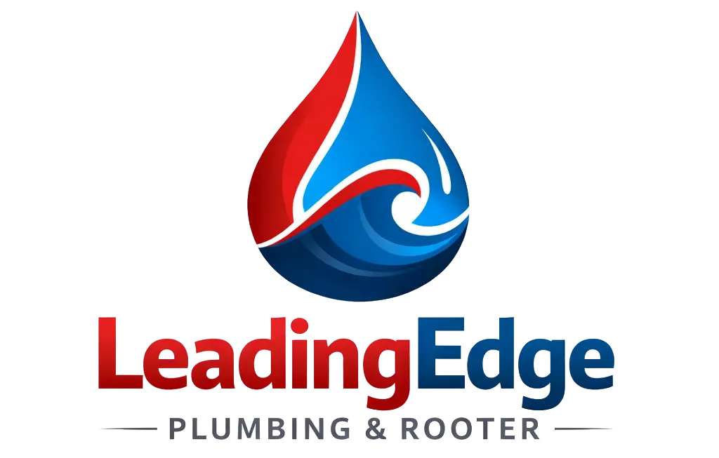 Logo for Leading Edge Plumbing & Rooter featuring a stylized water droplet in red and blue above the company name in bold, colored text.
