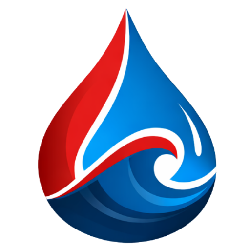 A stylized water droplet icon with red and blue sections forming a wave pattern inside the drop.